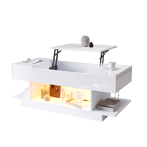 Mesa de centro elevável 98x45x40 cm - Sofá com mesa elevável, 2 armários dobráveis, LED, branco Mesa de centro elevável 98x45x40 cm - Sofá com mesa elevável, 2 armários dobráveis, LED, branco