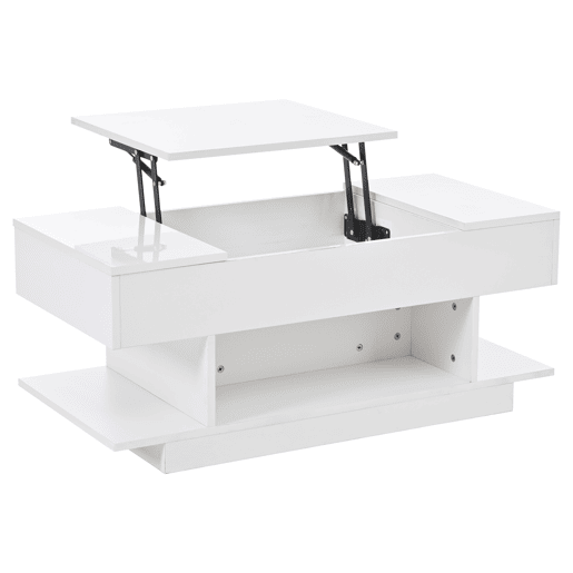 Mesa de centro elevável 98x45x40 cm - Sofá com mesa elevável, 2 armários dobráveis, LED, branco Mesa de centro elevável 98x45x40 cm - Sofá com mesa elevável, 2 armários dobráveis, LED, branco