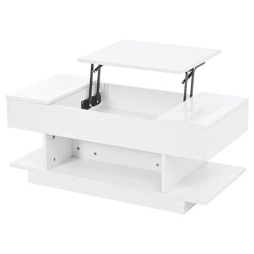 Mesa de centro elevável 98x45x40 cm - Sofá com mesa elevável, 2 armários dobráveis, LED, branco Mesa de centro elevável 98x45x40 cm - Sofá com mesa elevável, 2 armários dobráveis, LED, branco