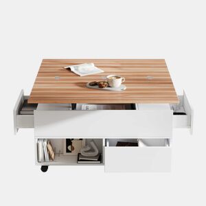 Mesa de centro 100 x 50 x 52 cm - com 4 rodas, 4 gavetas, elevável, multifuncional - Branco + Madeira