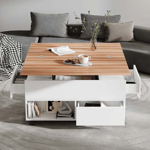 Mesa de centro 100 x 50 x 52 cm - com 4 rodas, 4 gavetas, elevável, multifuncional - Branco + Madeira Mesa de centro 100 x 50 x 52 cm - com 4 rodas, 4 gavetas, elevável, multifuncional - Branco + Madeira