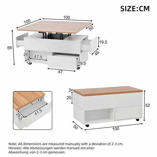 Mesa de centro 100 x 50 x 52 cm - com 4 rodas, 4 gavetas, elevável, multifuncional - Branco + Madeira Mesa de centro 100 x 50 x 52 cm - com 4 rodas, 4 gavetas, elevável, multifuncional - Branco + Madeira