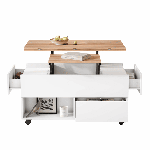 Mesa de centro 100 x 50 x 52 cm - com 4 rodas, 4 gavetas, elevável, multifuncional - Branco + Madeira Mesa de centro 100 x 50 x 52 cm - com 4 rodas, 4 gavetas, elevável, multifuncional - Branco + Madeira
