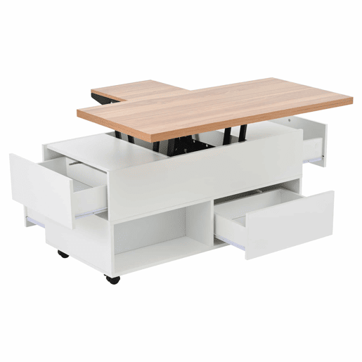 Mesa de centro 100 x 50 x 52 cm - com 4 rodas, 4 gavetas, elevável, multifuncional - Branco + Madeira Mesa de centro 100 x 50 x 52 cm - com 4 rodas, 4 gavetas, elevável, multifuncional - Branco + Madeira