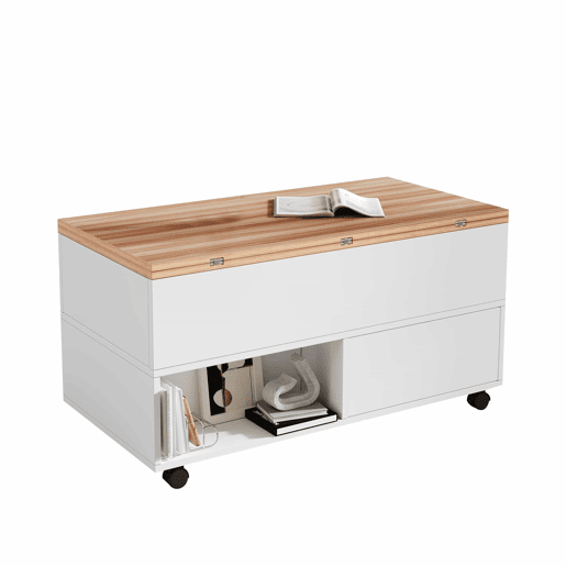 Mesa de centro 100 x 50 x 52 cm - com 4 rodas, 4 gavetas, elevável, multifuncional - Branco + Madeira Mesa de centro 100 x 50 x 52 cm - com 4 rodas, 4 gavetas, elevável, multifuncional - Branco + Madeira
