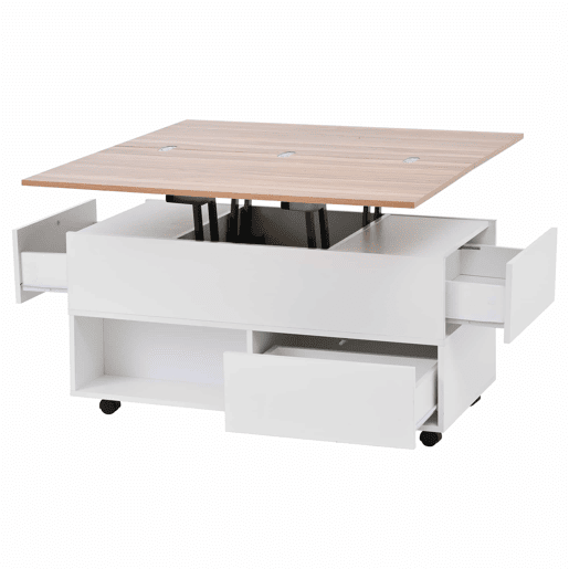 Mesa de centro 100 x 50 x 52 cm - com 4 rodas, 4 gavetas, elevável, multifuncional - Branco + Madeira Mesa de centro 100 x 50 x 52 cm - com 4 rodas, 4 gavetas, elevável, multifuncional - Branco + Madeira