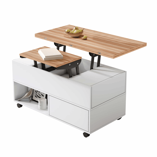 Mesa de centro 100 x 50 x 52 cm - com 4 rodas, 4 gavetas, elevável, multifuncional - Branco + Madeira Mesa de centro 100 x 50 x 52 cm - com 4 rodas, 4 gavetas, elevável, multifuncional - Branco + Madeira