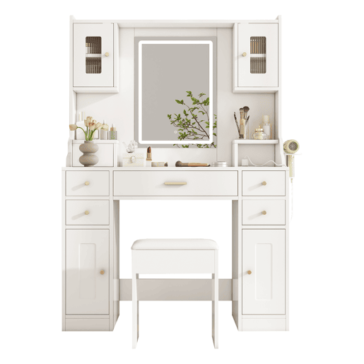 Toucador de painel de partículas com espelho e 6 gavetas,branco