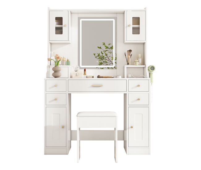 Tocador de panel de partículas con espejo y 6 cajones,blanco