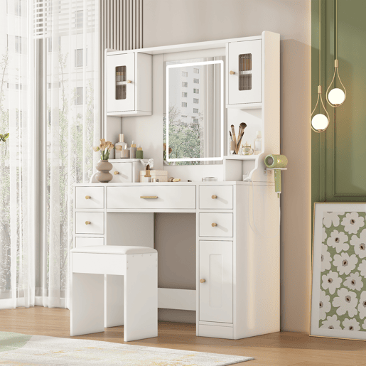 Toucador de painel de partículas com espelho e 6 gavetas,branco
