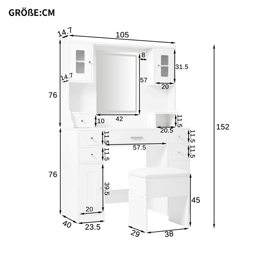 Toucador de painel de partículas com espelho e 6 gavetas,branco