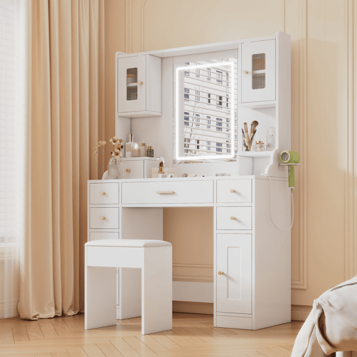 Toucador de painel de partículas com espelho e 6 gavetas,branco