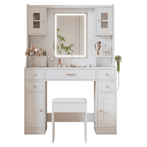 Toucador de painel de partículas com espelho e 6 gavetas,branco