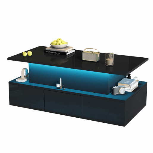 Mesa de centro elevável 100x50x40 cm - 4 gavetas, com LED, com arrumação, Preto Mesa de centro elevável 100x50x40 cm - 4 gavetas, com LED, com arrumação, Preto