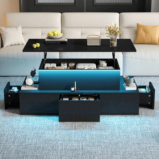 Mesa de centro elevável 100x50x40 cm - 4 gavetas, com LED, com arrumação, Preto Mesa de centro elevável 100x50x40 cm - 4 gavetas, com LED, com arrumação, Preto