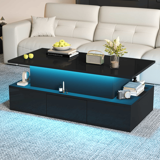 Mesa de centro elevável 100x50x40 cm - 4 gavetas, com LED, com arrumação, Preto Mesa de centro elevável 100x50x40 cm - 4 gavetas, com LED, com arrumação, Preto