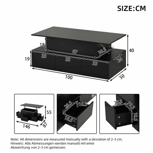 Mesa de centro elevável 100x50x40 cm - 4 gavetas, com LED, com arrumação, Preto Mesa de centro elevável 100x50x40 cm - 4 gavetas, com LED, com arrumação, Preto