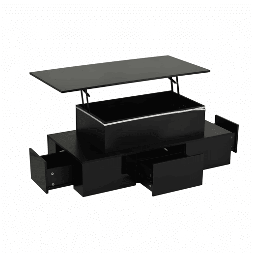 Mesa de centro elevável 100x50x40 cm - 4 gavetas, com LED, com arrumação, Preto Mesa de centro elevável 100x50x40 cm - 4 gavetas, com LED, com arrumação, Preto