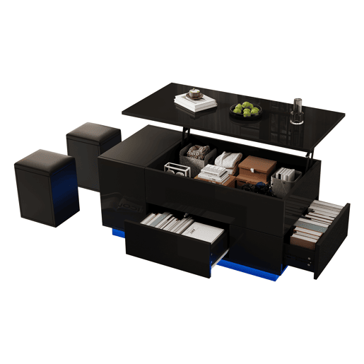 Mesa de centro 100x50x45 cm - 4 em 1 LED, altura ajustável, 2 gavetas, sofá e bancos - Preto