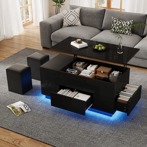 Mesa de centro 100x50x45 cm - 4 em 1 LED, altura ajustável, 2 gavetas, sofá e bancos - Preto