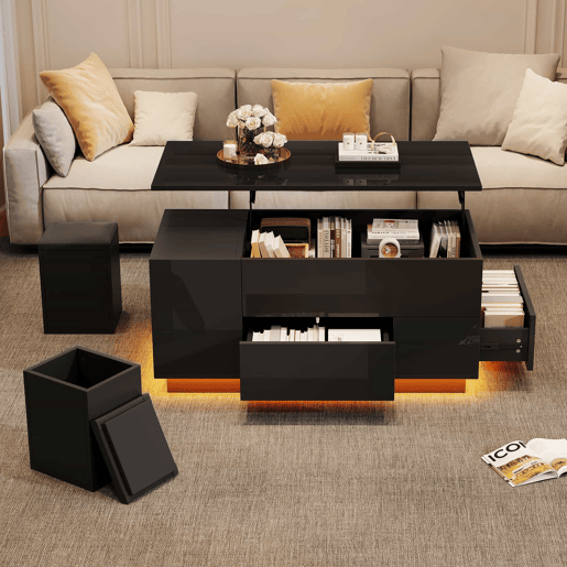 Mesa de centro 100x50x45 cm - 4 em 1 LED, altura ajustável, 2 gavetas, sofá e bancos - Preto