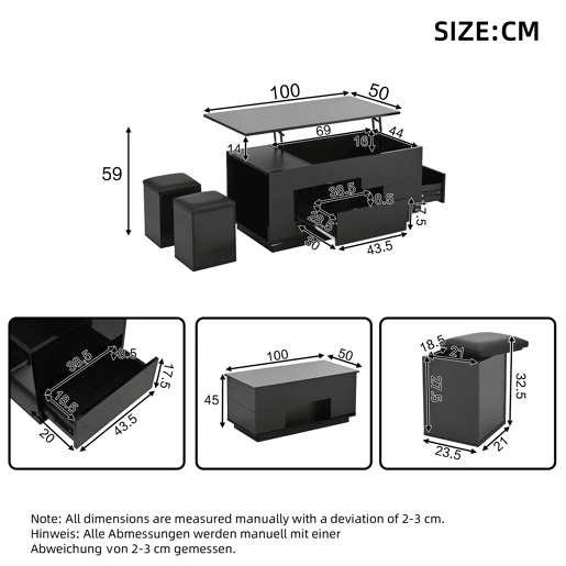 Mesa de centro 100x50x45 cm - 4 em 1 LED, altura ajustável, 2 gavetas, sofá e bancos - Preto