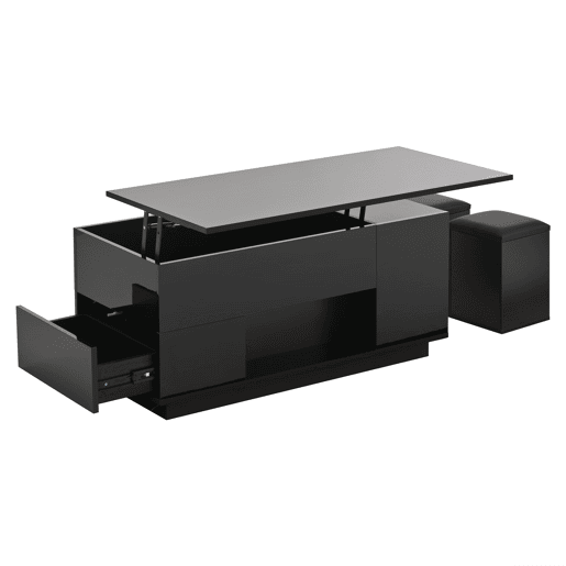 Mesa de centro 100x50x45 cm - 4 em 1 LED, altura ajustável, 2 gavetas, sofá e bancos - Preto
