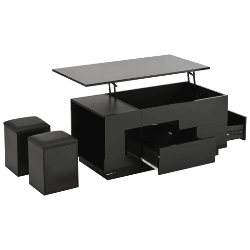 Mesa de centro 100x50x45 cm - 4 em 1 LED, altura ajustável, 2 gavetas, sofá e bancos - Preto