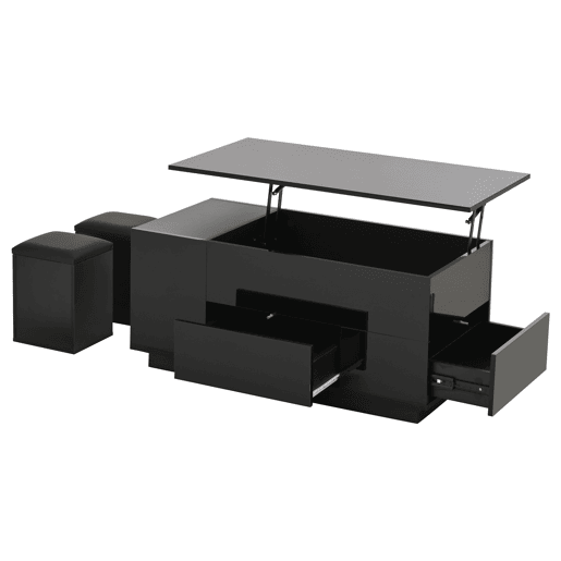 Mesa de centro 100x50x45 cm - 4 em 1 LED, altura ajustável, 2 gavetas, sofá e bancos - Preto