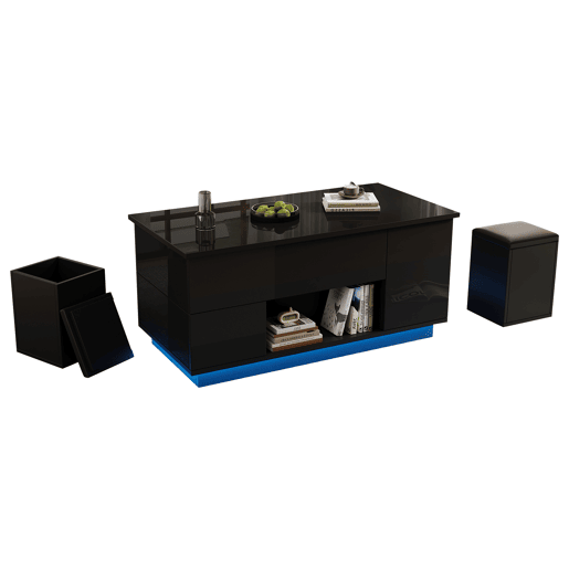 Mesa de centro 100x50x45 cm - 4 em 1 LED, altura ajustável, 2 gavetas, sofá e bancos - Preto