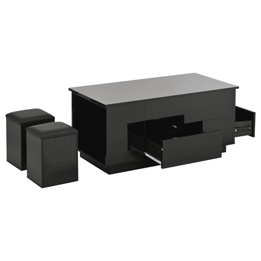 Mesa de centro 100x50x45 cm - 4 em 1 LED, altura ajustável, 2 gavetas, sofá e bancos - Preto