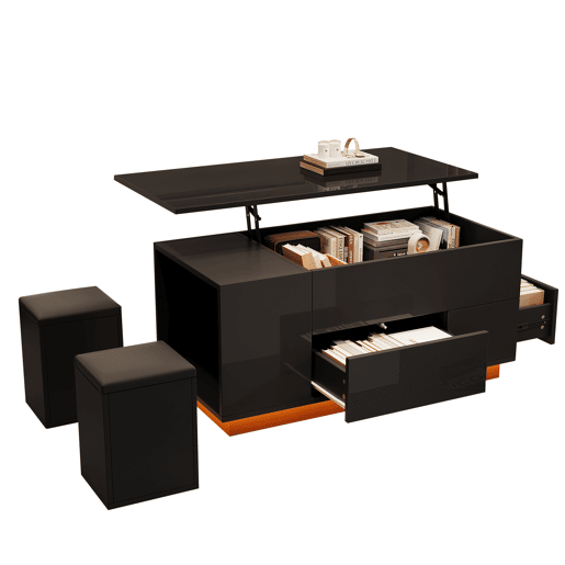 Mesa de centro 100x50x45 cm - 4 em 1 LED, altura ajustável, 2 gavetas, sofá e bancos - Preto
