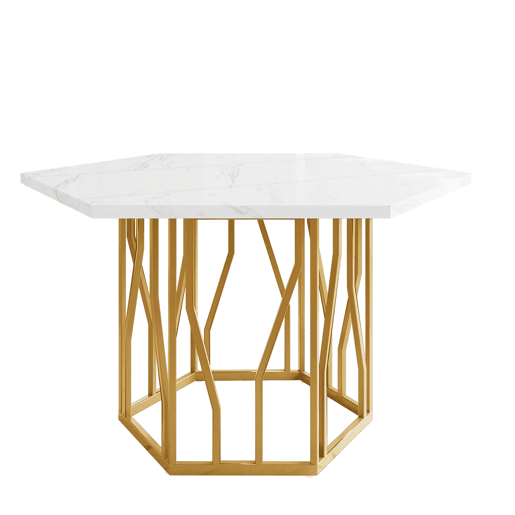 Mesa de jantar moderna - 6 lados - Estrutura metálica - Cor dourada