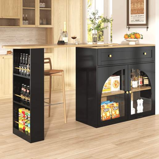 Mesa de bar extensível 138-204 cm - giratória em 360°, mesa alta, mesa de cozinhabistrô com prateleiras e vidro - Preto