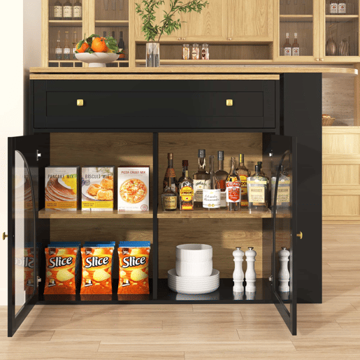 Mesa de bar extensível 138-204 cm - giratória em 360°, mesa alta, mesa de cozinhabistrô com prateleiras e vidro - Preto