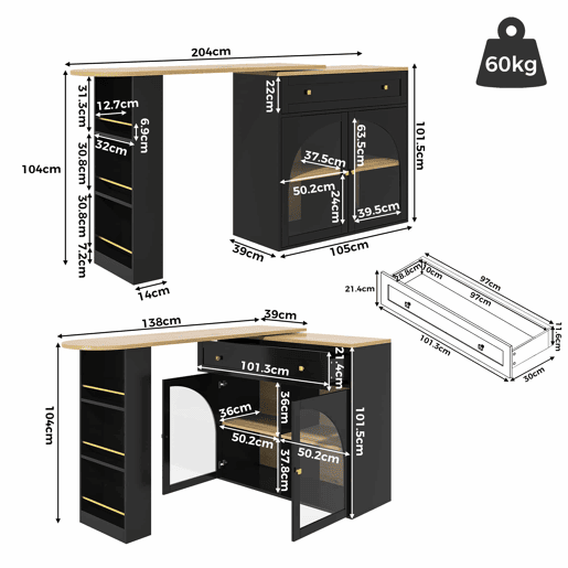 Mesa de bar extensível 138-204 cm - giratória em 360°, mesa alta, mesa de cozinhabistrô com prateleiras e vidro - Preto