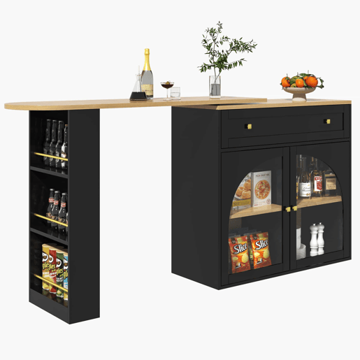 Mesa de bar extensível 138-204 cm - giratória em 360°, mesa alta, mesa de cozinhabistrô com prateleiras e vidro - Preto