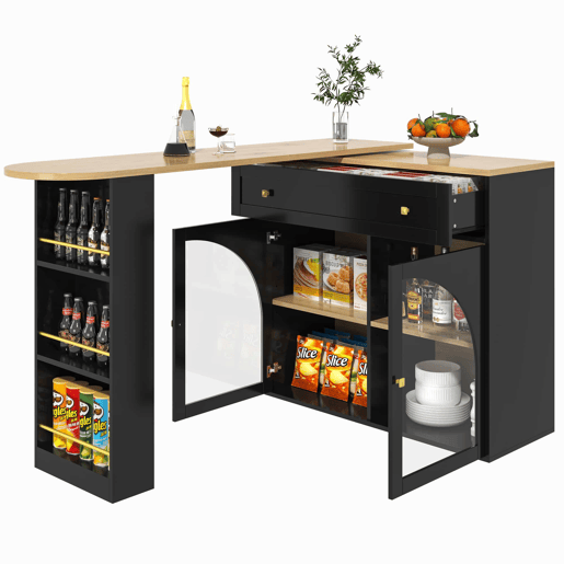 Mesa de bar extensível 138-204 cm - giratória em 360°, mesa alta, mesa de cozinhabistrô com prateleiras e vidro - Preto