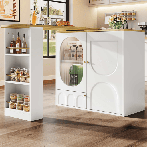 Mesa de bar giratória 360° - 138x39x102 cm - Móvel de bar com arrumação, ilha de cozinha, três portas com prateleiras, painéis divisórios removíveis - Branco