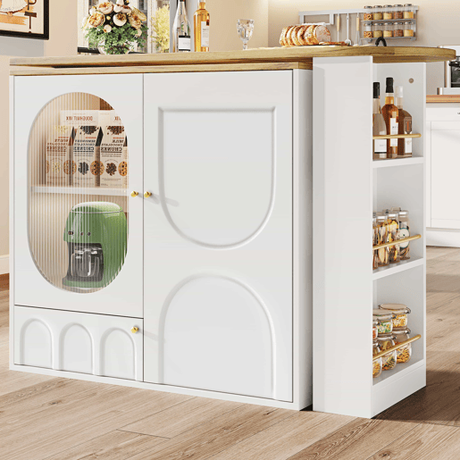 Mesa de bar giratória 360° - 138x39x102 cm - Móvel de bar com arrumação, ilha de cozinha, três portas com prateleiras, painéis divisórios removíveis - Branco