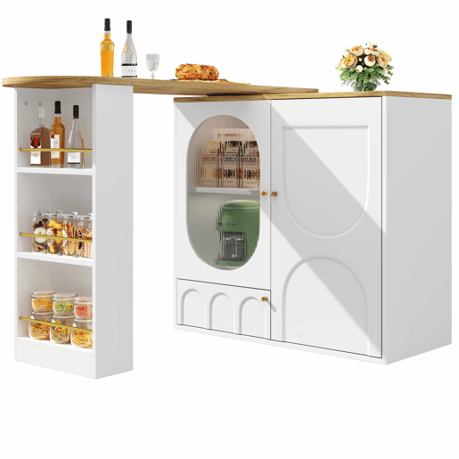 Mesa de bar giratória 360° - 138x39x102 cm - Móvel de bar com arrumação, ilha de cozinha, três portas com prateleiras, painéis divisórios removíveis - Branco