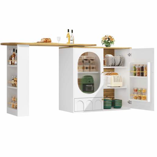 Mesa de bar giratória 360° - 138x39x102 cm - Móvel de bar com arrumação, ilha de cozinha, três portas com prateleiras, painéis divisórios removíveis - Branco