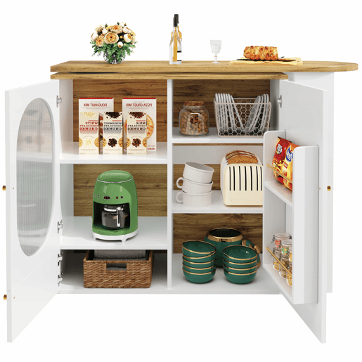 Mesa de bar giratória 360° - 138x39x102 cm - Móvel de bar com arrumação, ilha de cozinha, três portas com prateleiras, painéis divisórios removíveis - Branco