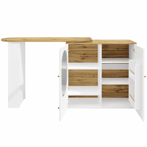 Mesa de bar giratória 360° - 138x39x102 cm - Móvel de bar com arrumação, ilha de cozinha, três portas com prateleiras, painéis divisórios removíveis - Branco