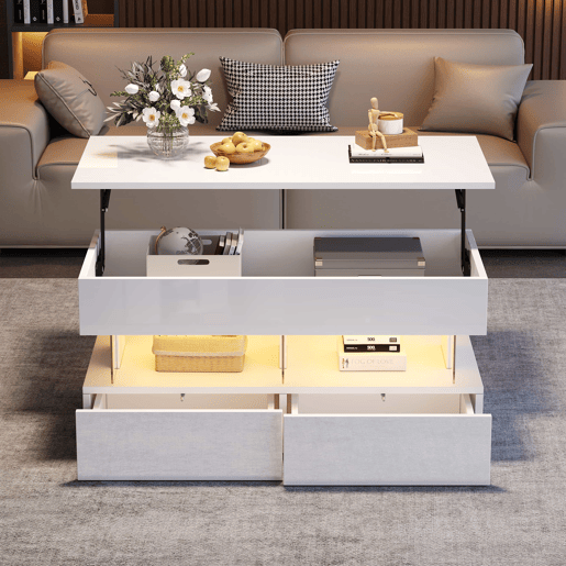Mesa de centro elevável 100x50x46 cm - Sofá com mesa ajustável, arrumação oculta, LED, 2 gavetas - Branco Mesa de centro elevável 100x50x46 cm - Sofá com mesa ajustável, arrumação oculta, LED, 2 gavetas - Branco