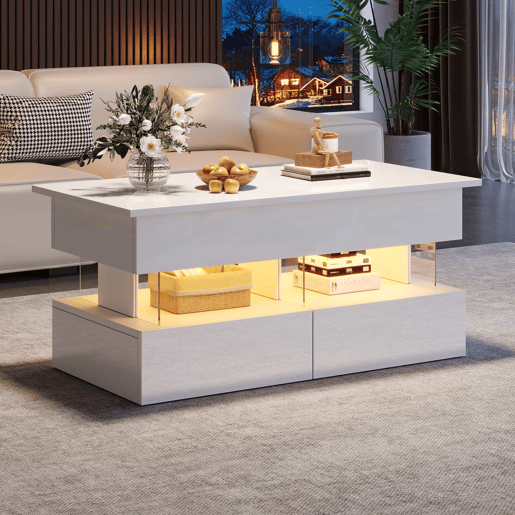 Mesa de centro elevável 100x50x46 cm - Sofá com mesa ajustável, arrumação oculta, LED, 2 gavetas - Branco Mesa de centro elevável 100x50x46 cm - Sofá com mesa ajustável, arrumação oculta, LED, 2 gavetas - Branco