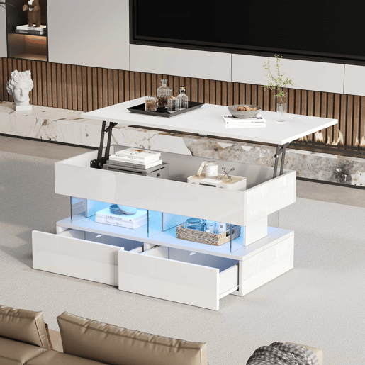 Mesa de centro elevável 100x50x46 cm - Sofá com mesa ajustável, arrumação oculta, LED, 2 gavetas - Branco Mesa de centro elevável 100x50x46 cm - Sofá com mesa ajustável, arrumação oculta, LED, 2 gavetas - Branco