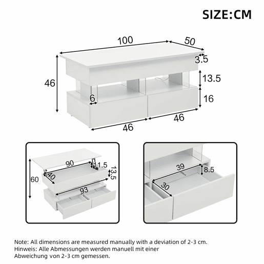 Mesa de centro elevável 100x50x46 cm - Sofá com mesa ajustável, arrumação oculta, LED, 2 gavetas - Branco Mesa de centro elevável 100x50x46 cm - Sofá com mesa ajustável, arrumação oculta, LED, 2 gavetas - Branco