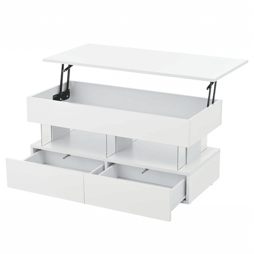 Mesa de centro elevável 100x50x46 cm - Sofá com mesa ajustável, arrumação oculta, LED, 2 gavetas - Branco Mesa de centro elevável 100x50x46 cm - Sofá com mesa ajustável, arrumação oculta, LED, 2 gavetas - Branco