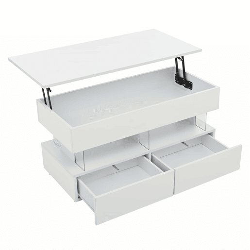 Mesa de centro elevável 100x50x46 cm - Sofá com mesa ajustável, arrumação oculta, LED, 2 gavetas - Branco Mesa de centro elevável 100x50x46 cm - Sofá com mesa ajustável, arrumação oculta, LED, 2 gavetas - Branco